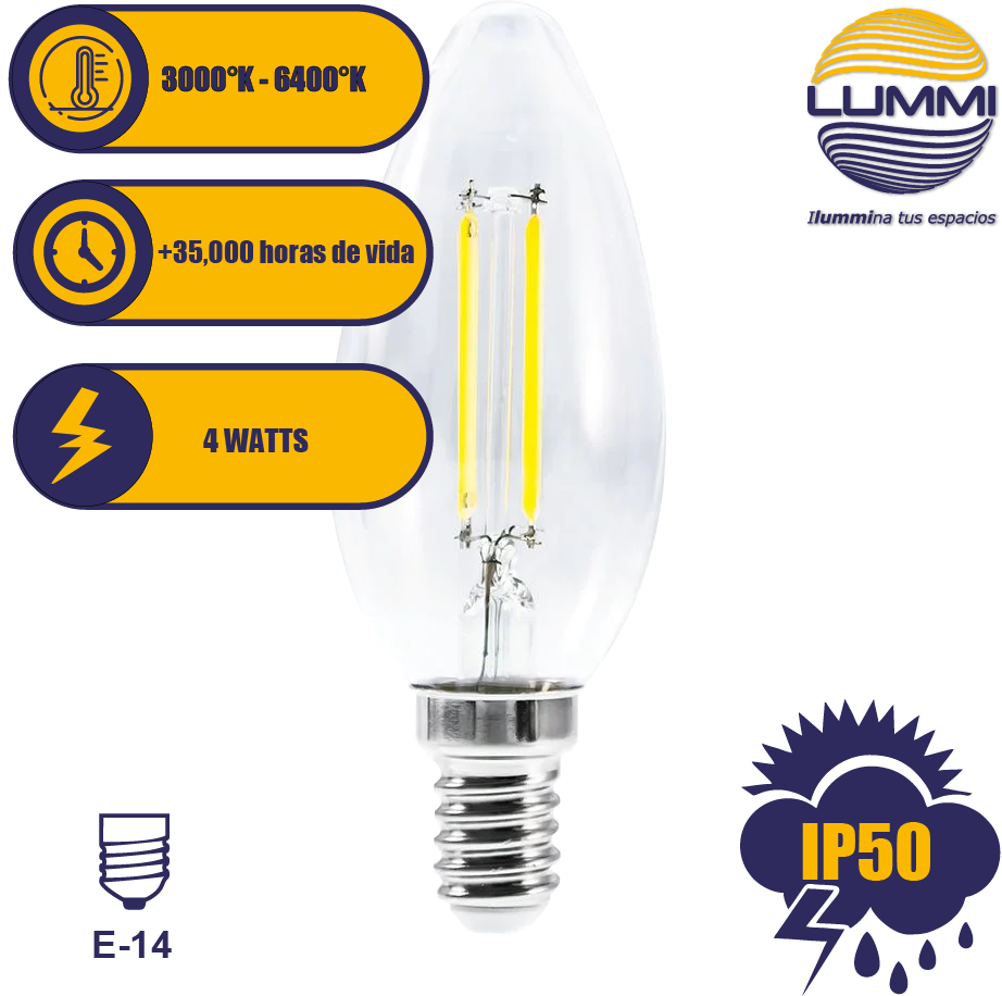 Lámpara LED tipo vela 4 W con filamento base E14 luz cálida,  Incandescentes, 48254